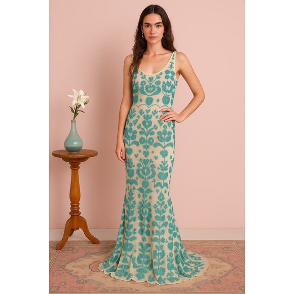 New Vero Alfie Vestido Camobriu Beaded Mesh Maxi Dress Mermaid Small Sheer - Picture 1 of 7